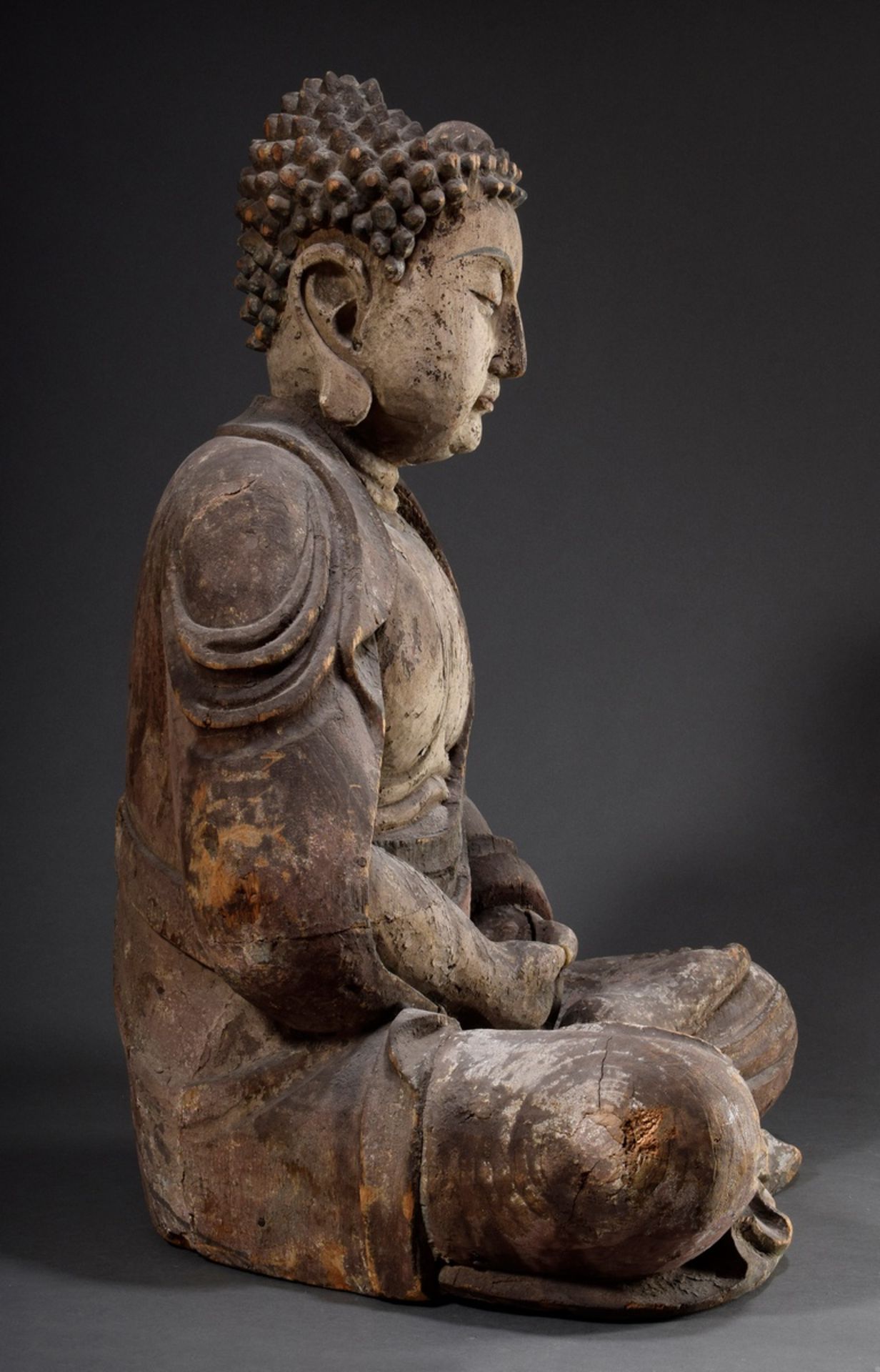 Large Amithaba Medicine Buddha, paulownia wood with remains of old paint, Ming dynasty, old seal re - Image 3 of 14