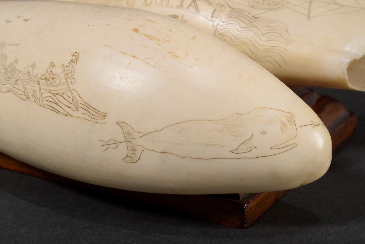 2 Scrimshaws "Lucia", connected and mounted on wooden base, whale tooth with colored incised decora - Image 5 of 6
