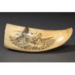 Scrimshaw „Bow smashed by a Sperm/ Anna of Hull”“, Walzahn mit geschwärztem Ritzdekor mit Walfangsz