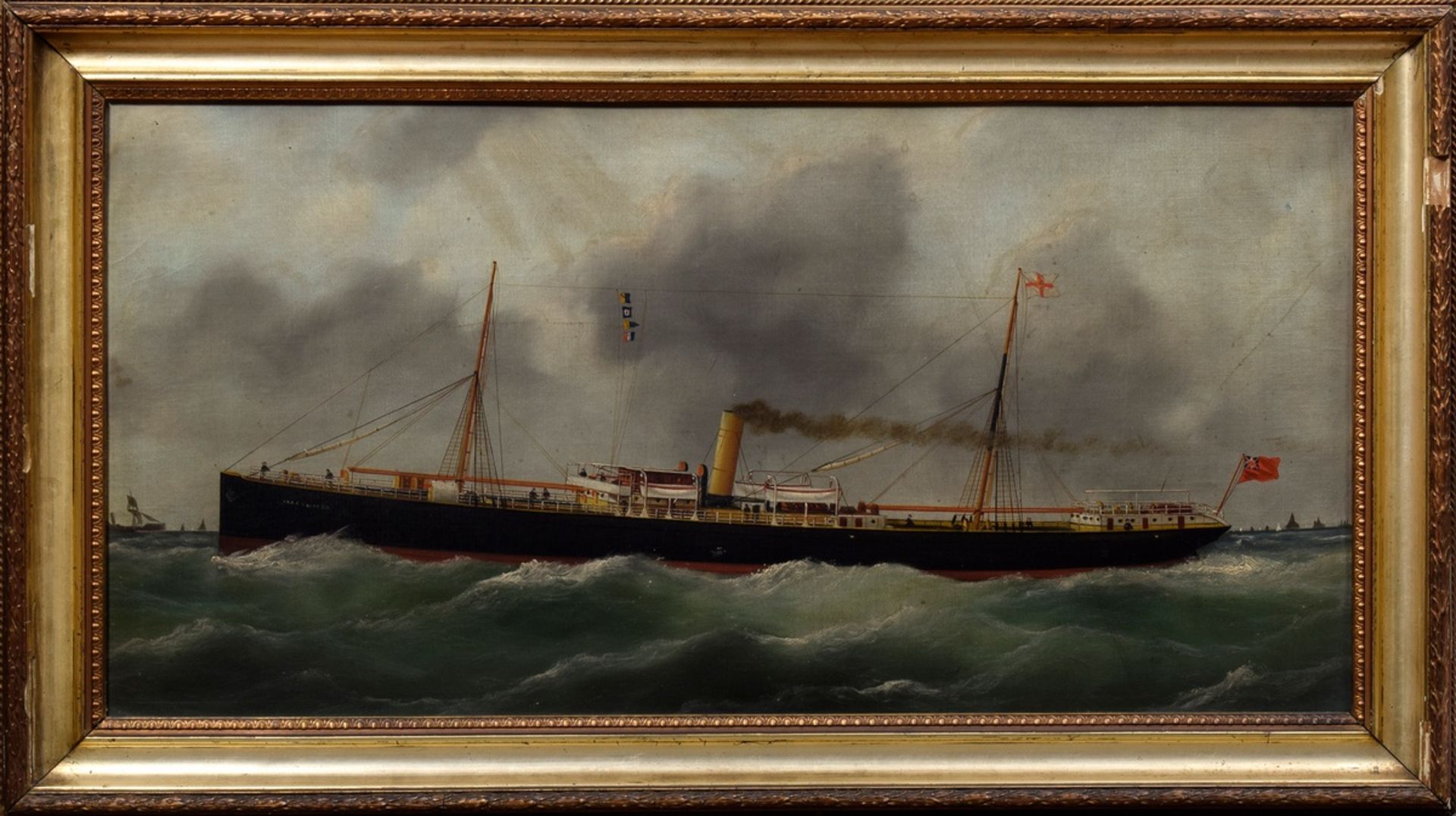 Britisches Kapitänsbild "Segeldampfer Mayumba" um 1900, Öl/Leinwand auf Platte montiert, leicht sch - Bild 2 aus 6