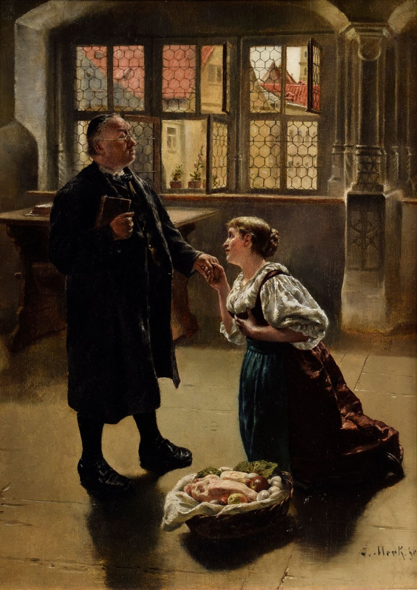 Merker, Eduard (1816-1888) "Intercession", oil/wood, b.r. sign., magnificent frame (rubbed), 33x23c