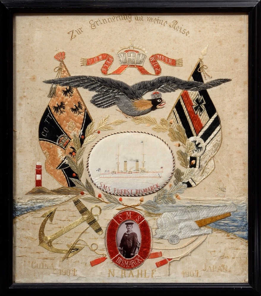 Embroidered picture of sailor N. Rahlf "In memory of my voyage - SMS Fuerst Bismarck - China Japan 