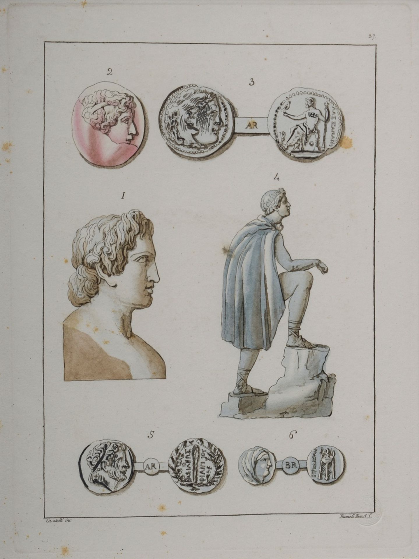 2 Dekorative Graphiken: "Antiken" 19.Jh., color. Kupferstiche, gest. von Giovanni Bigatti und Angel - Bild 2 aus 3