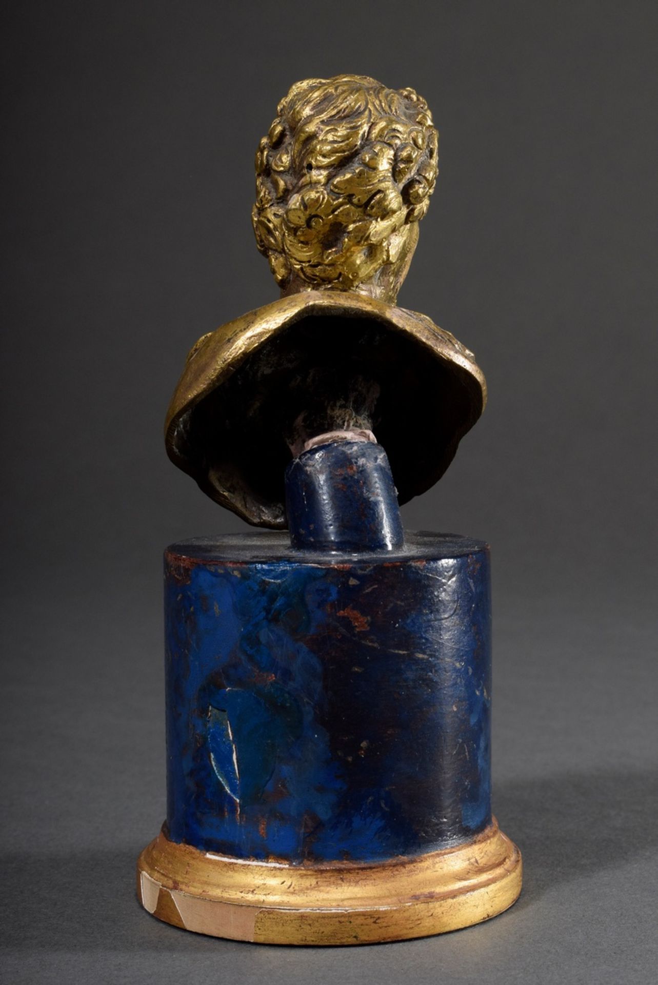 Feuervergoldete Bronze Büste "Bacchus", 18.Jh., Holz Sockel in Lapislazuli Fassung ergänzt, H. 9,5/ - Bild 2 aus 4