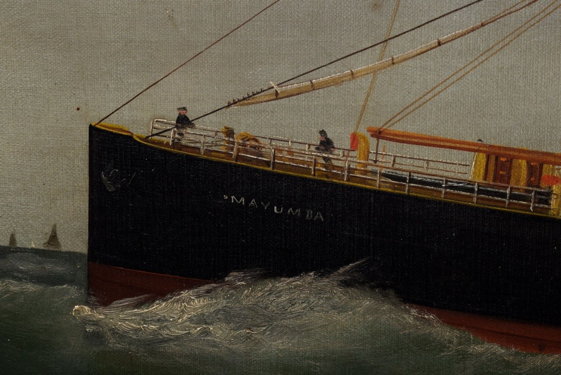 Britisches Kapitänsbild "Segeldampfer Mayumba" um 1900, Öl/Leinwand auf Platte montiert, leicht sch - Bild 4 aus 6