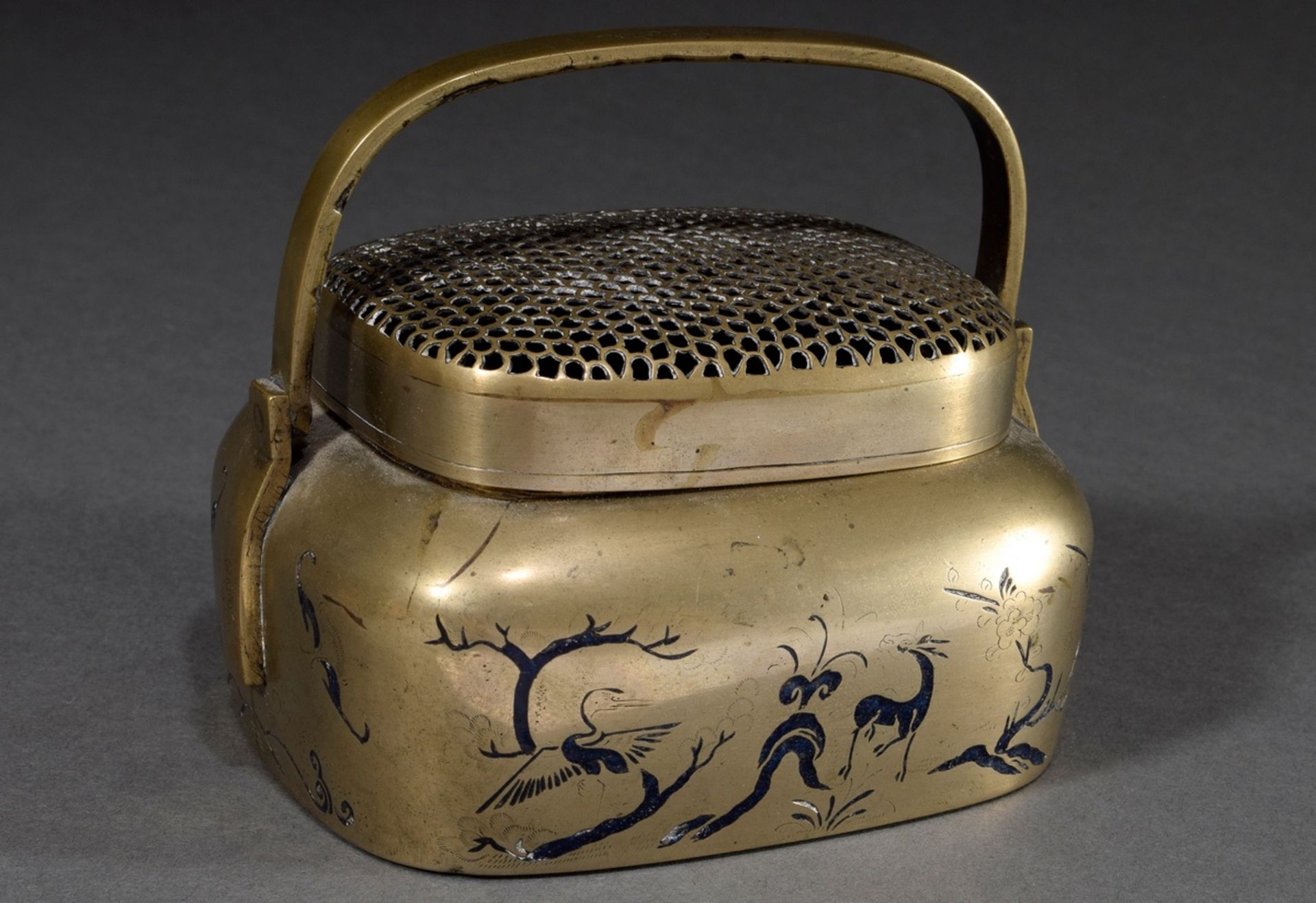 Brass hand warmer with embossed lattice and black enamel painting "Stag and crane in landscape", 12