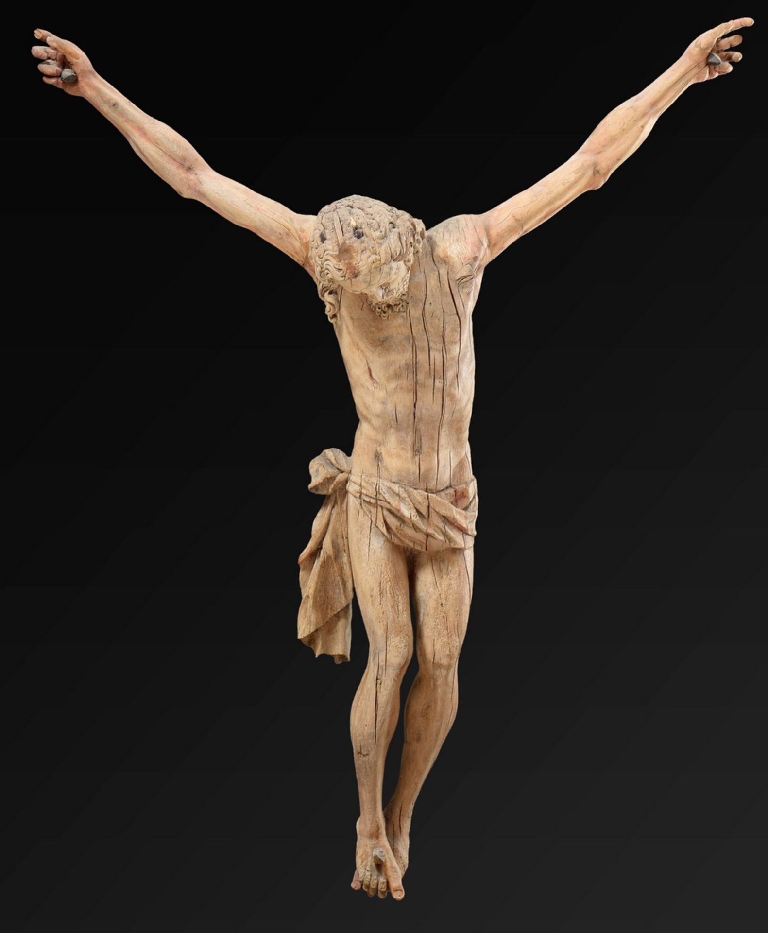 Corpus Christi, Dreinageltypus, Weichholz abgebeizt, Süddeutsch 18.Jh., H. ca. 120cm, starke Witter
