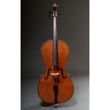 Cello, wohl deutsch um 1900, ungelabelt, geteilter Boden, Decke mit Restaurierungen, neuer Steg sow