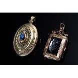 2 Teile antike vergoldete Medaillons: oval mit Glasstein (3,7x2,9cm) und eckig mit Onyx Kamee (3,4x