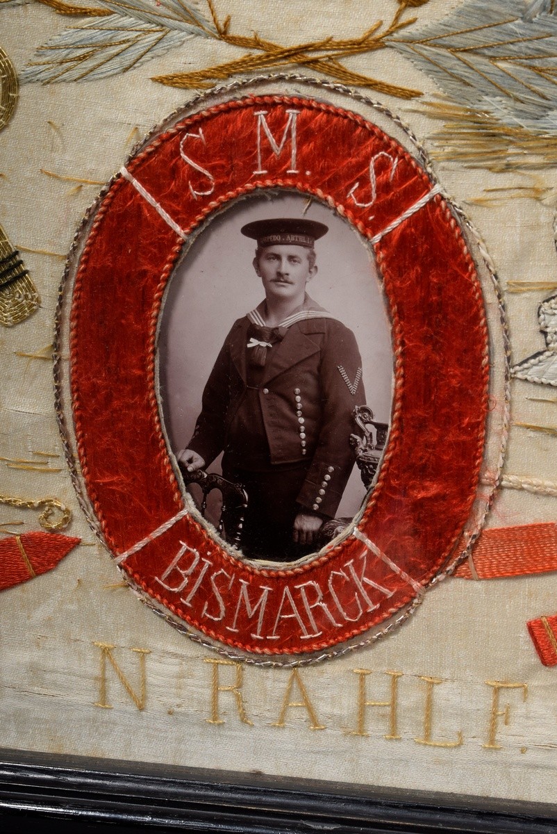 Embroidered picture of sailor N. Rahlf "In memory of my voyage - SMS Fuerst Bismarck - China Japan  - Image 2 of 4