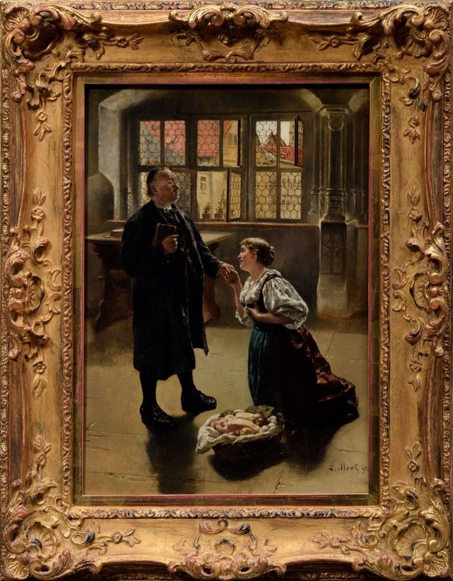 Merker, Eduard (1816-1888) "Intercession", oil/wood, b.r. sign., magnificent frame (rubbed), 33x23c - Image 2 of 7
