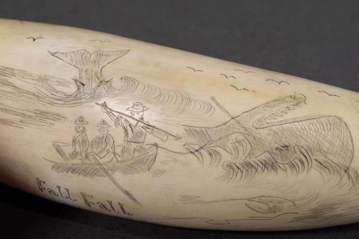Scrimshaw "Fall Fall over all", whale tooth with blackened incised decoration "Sperm whale hunt", 1 - Image 7 of 7