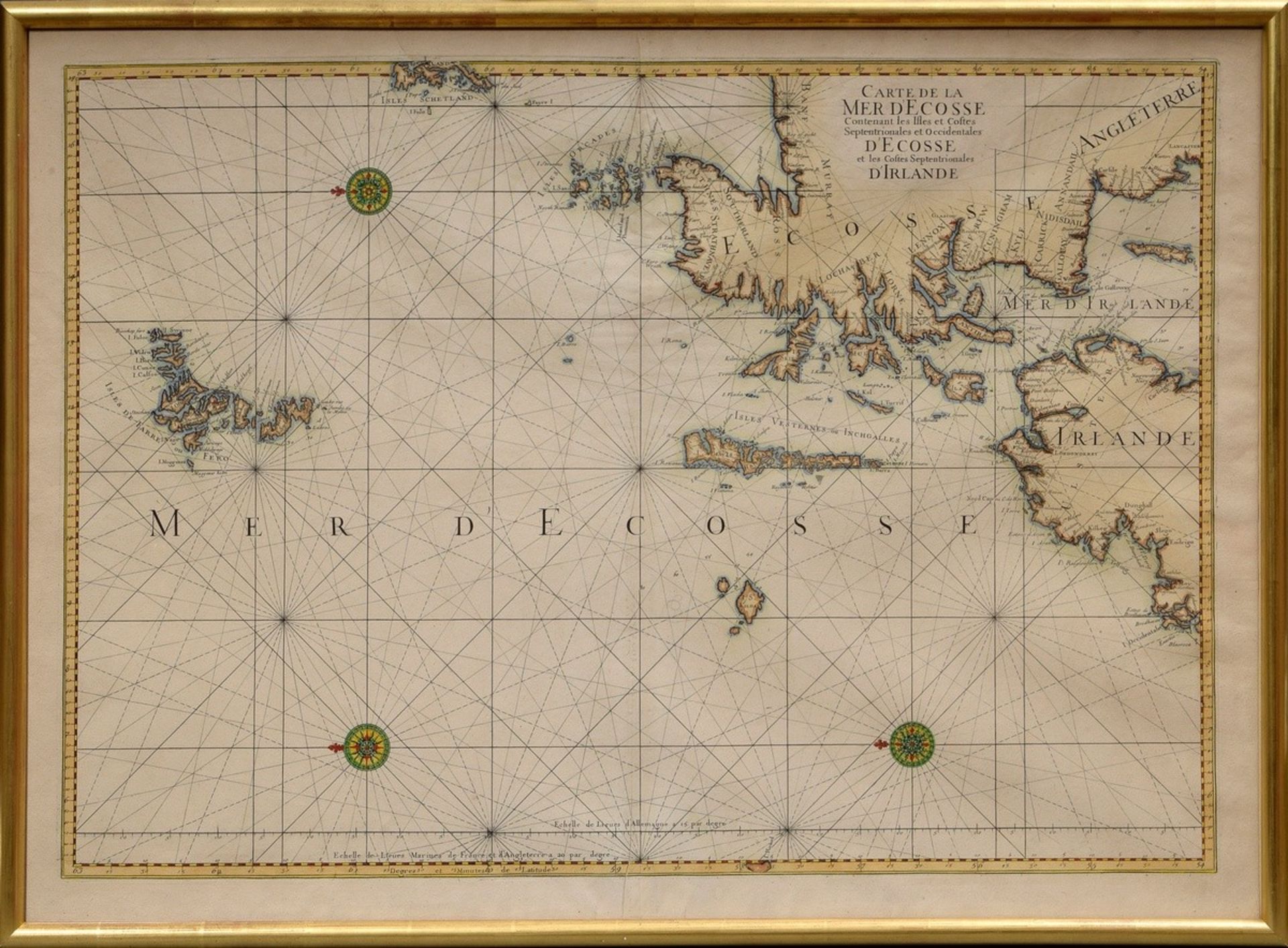 Unbekannter Künstler des 18.Jh. "Carte de la Mer d'Ecosse...", colorierter Kupferstich, ungenordete