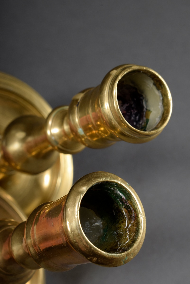 Pair of small brass candlesticks on round base with baluster shaft, 18th century, h. 16cm, small pr - Image 2 of 3