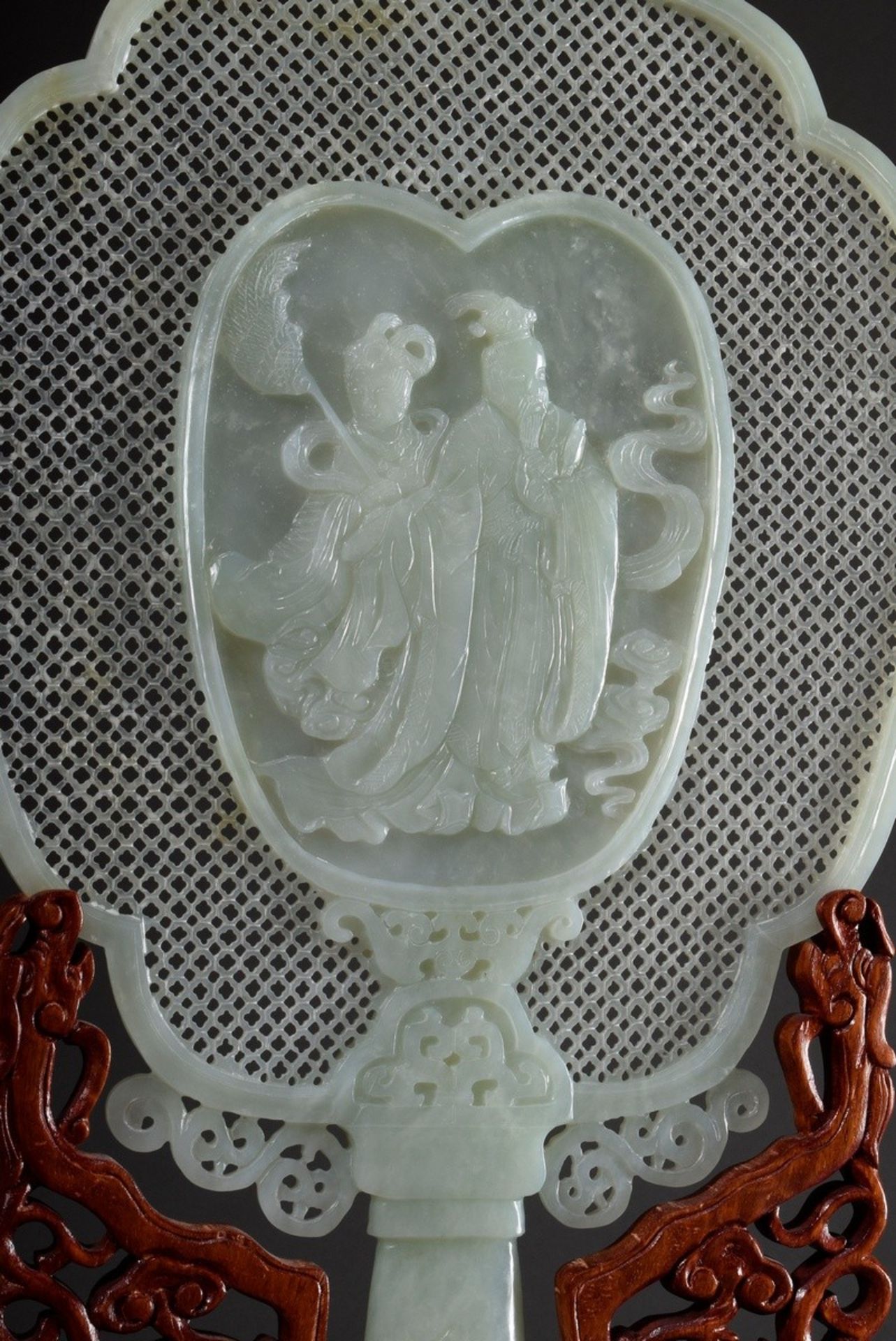 Large Chinese jade carving folding screen in hand mirror or fan form with relief "Two Persons" and  - Image 5 of 8