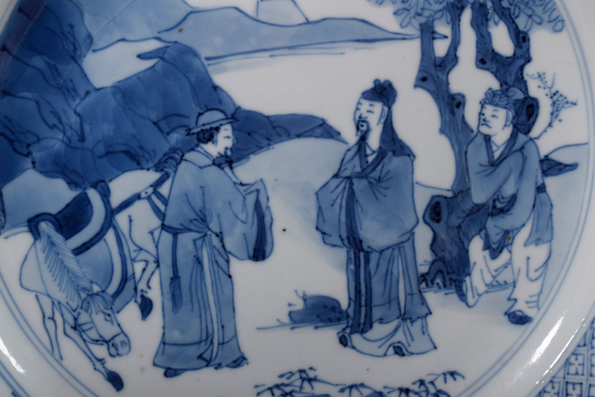 2 plates with blue painting scenes "Daoist sage on the way", 6character Chenghua mark in double rin - Image 3 of 6