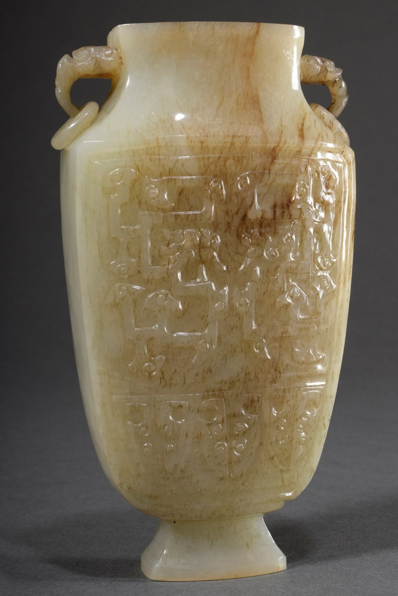 Small jade vase with archaic relief carving "dragon" on an angular body and zoomorphic ring handles - Image 2 of 5