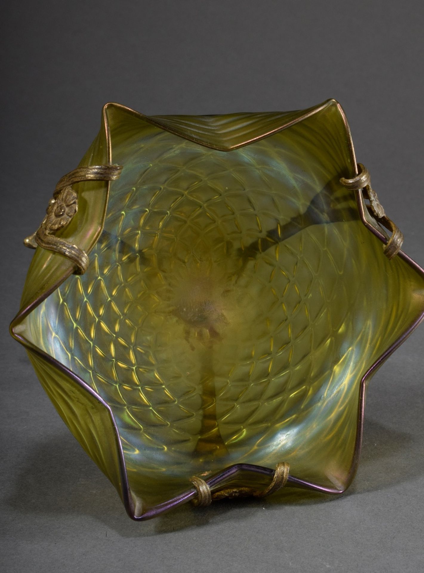 Art nouveau top with fire-gilt zinc cast frame and light green to yellowish iridescent glass bowl i - Image 5 of 5