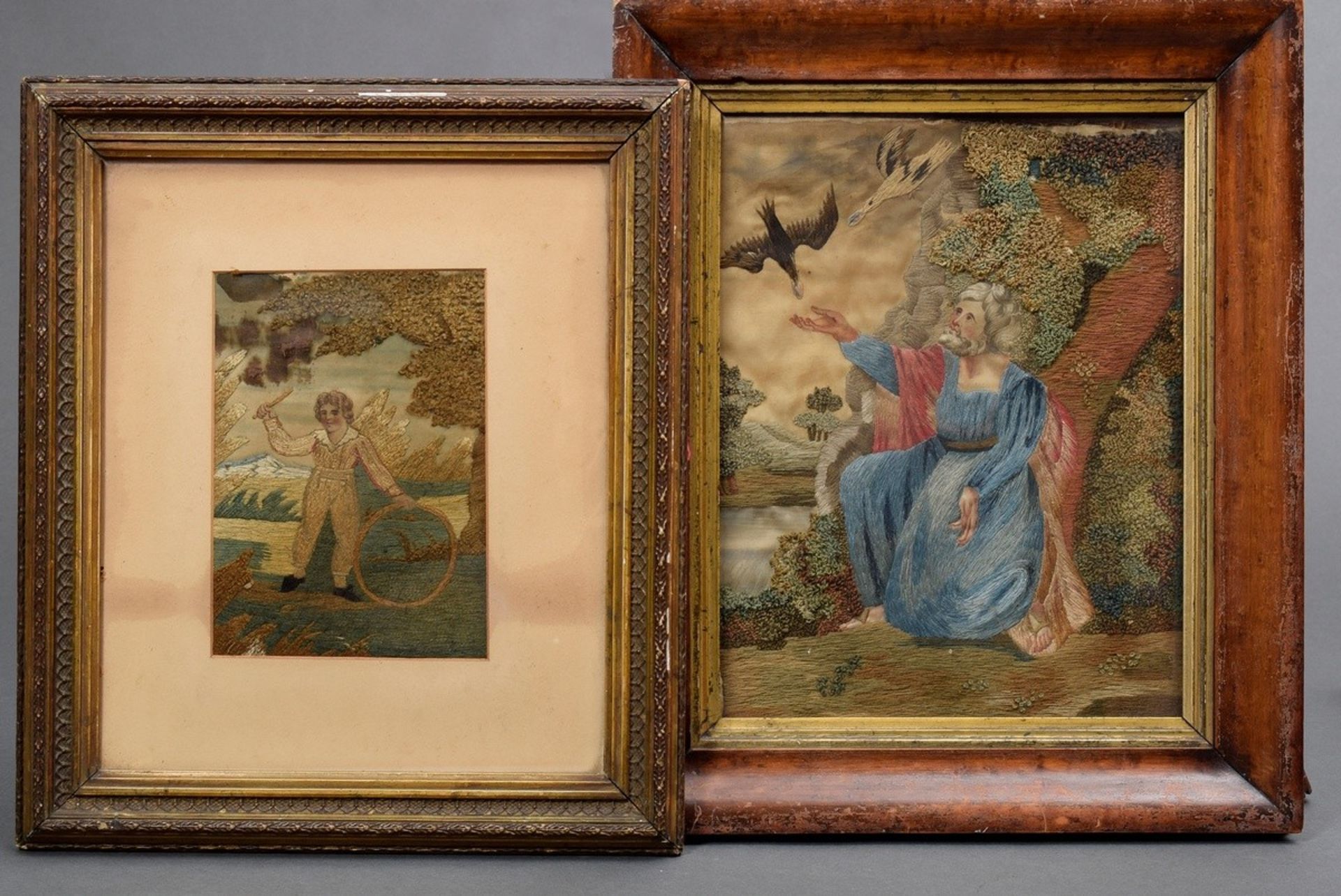 2 Various early Biedermeier embroidery pictures "Little boy with hoop" and "Biblical scene" (Noah),