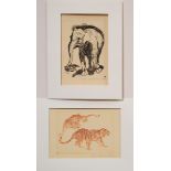 2 Fredderich, Rudolf (1886-1976) „Zwei Tiger“ und „Elefant“ 1928, Rötel-/Radierung, u.r. sign./dat.