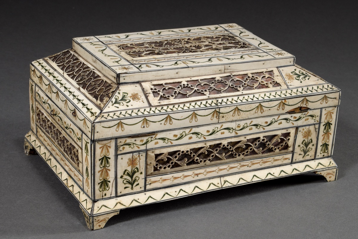 Finely sawn Arkhangelsk casket with stepped hinged lid and rectangular body on feet, engraved whale - Image 12 of 19