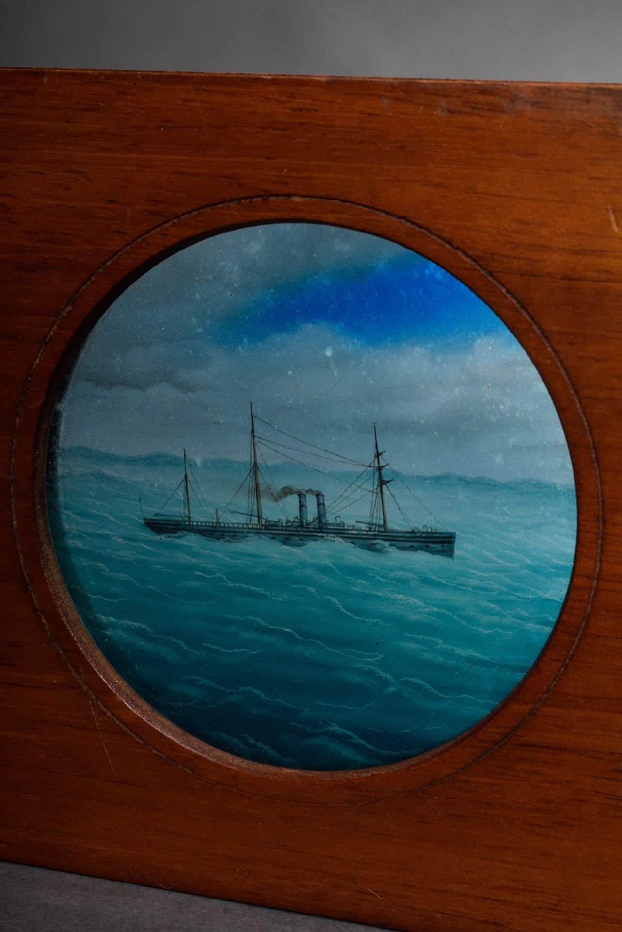 Dampferbild für Laterna Magica, beweglich mit Kurbel, Hinterglasmalerei, Ø 7,5cm, Slg. Övelgönner S - Bild 3 aus 4