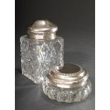 2 Diverse Kristall Necessaire Dosen mit geschliffenen Korpora und Silber 800 Deckeln (116g), Wilhel