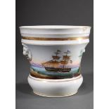Porcelain cachepot with polychrome painting "Hamburg Bark", lateral lion head handles and gold deco