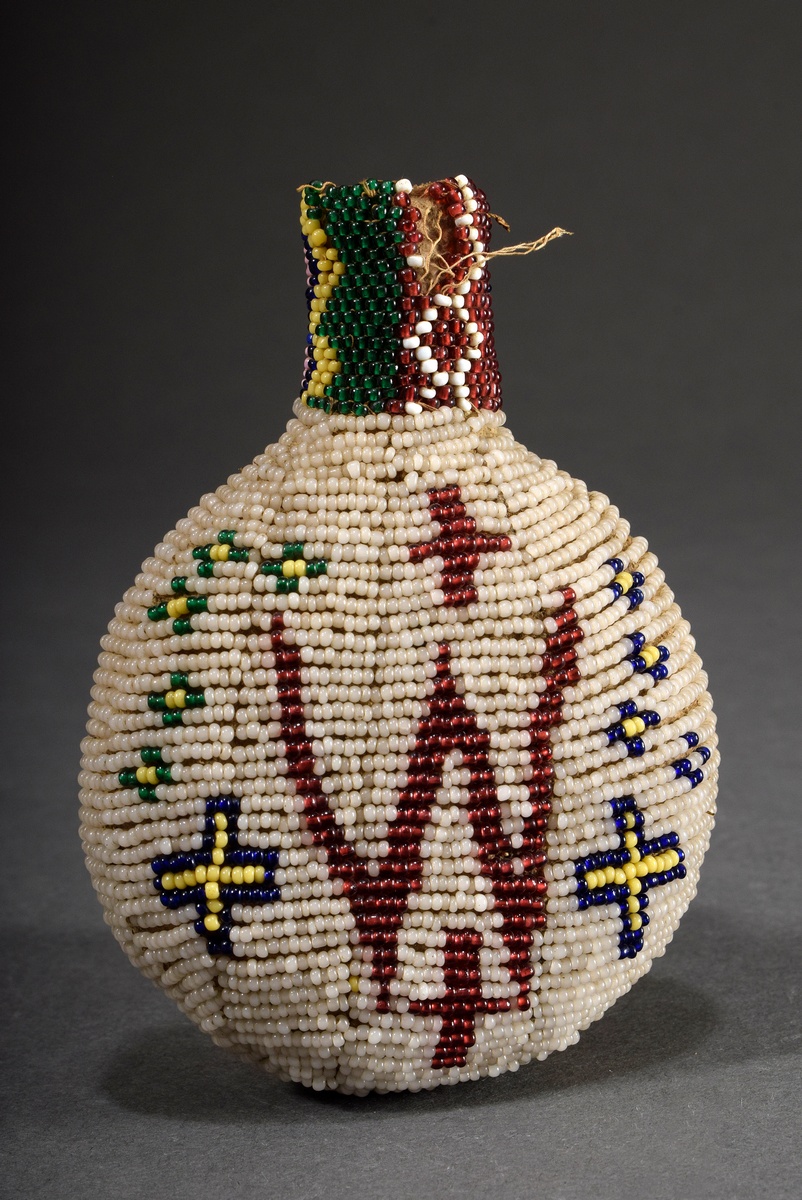 Folk snuff bottle with polychrome beadwork and monogram "W", 19th century, h. 11,5cm, slightly defe