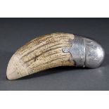 Whale tooth with floral engraved silver mount worked as match case, without hallmarks, around 1900,