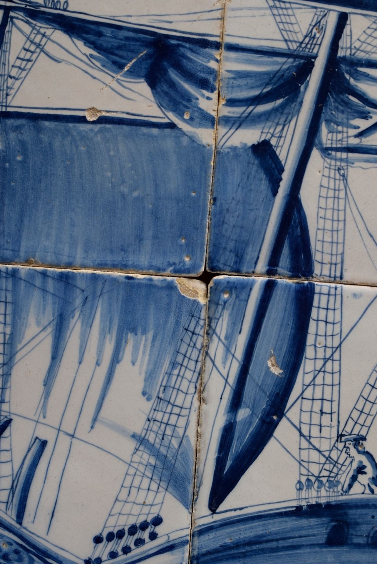 Delfter Blaumalerei Fliesenbild "Walfänger" aus 24 Fliesen in Holz Rahmung, 79,5x53cm, kl. Defekte - Bild 3 aus 5