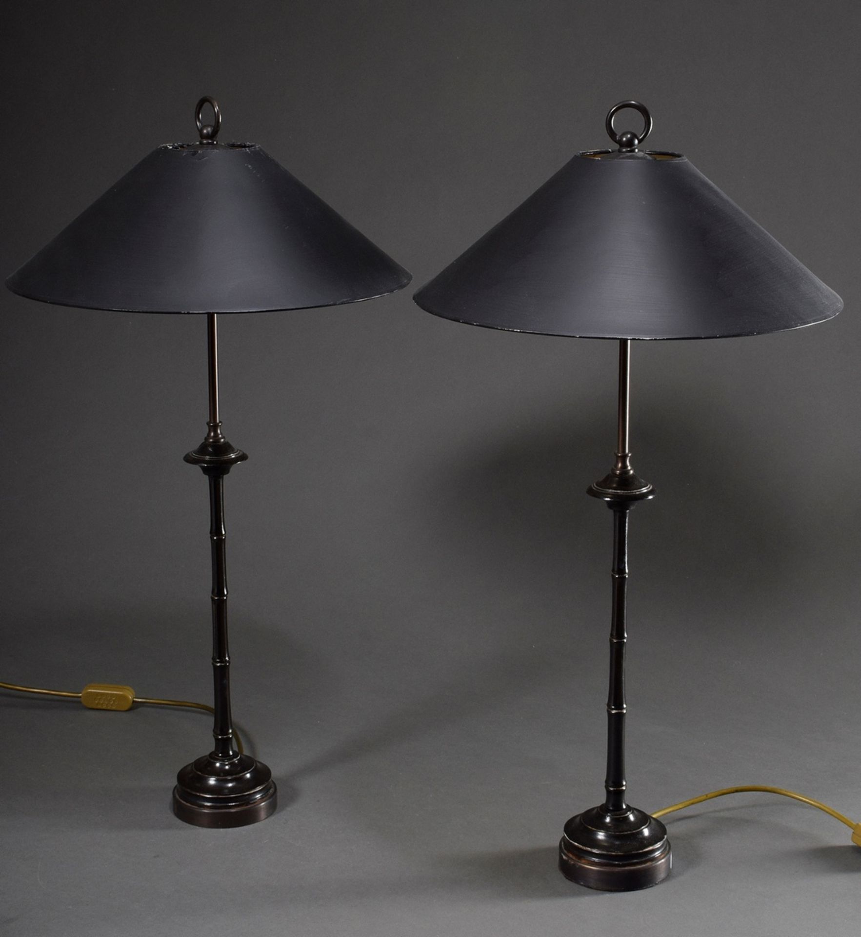 Pair of black modern "Bamboo" table lamps, h. 75cm, 1 lampshade defective - Image 2 of 5