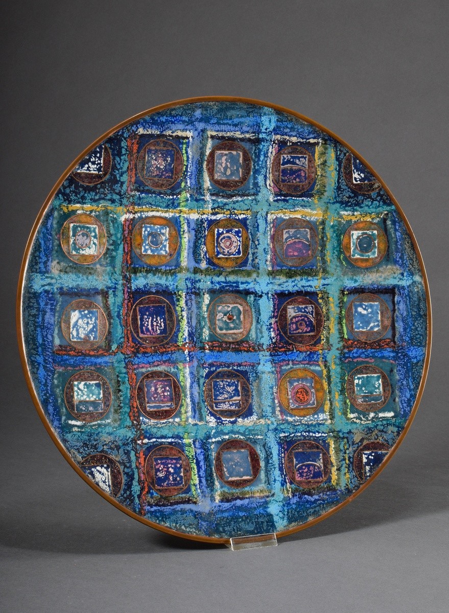 Sperschneider, Ragna (1928-2003) large plate with graphic pattern, copper with polychrome enamel, v