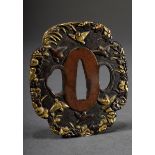 Bronze Tsuba mit Goldtauschierungen "Vögel und Blüten", Japan, 7x6cm, leichte Altersspuren