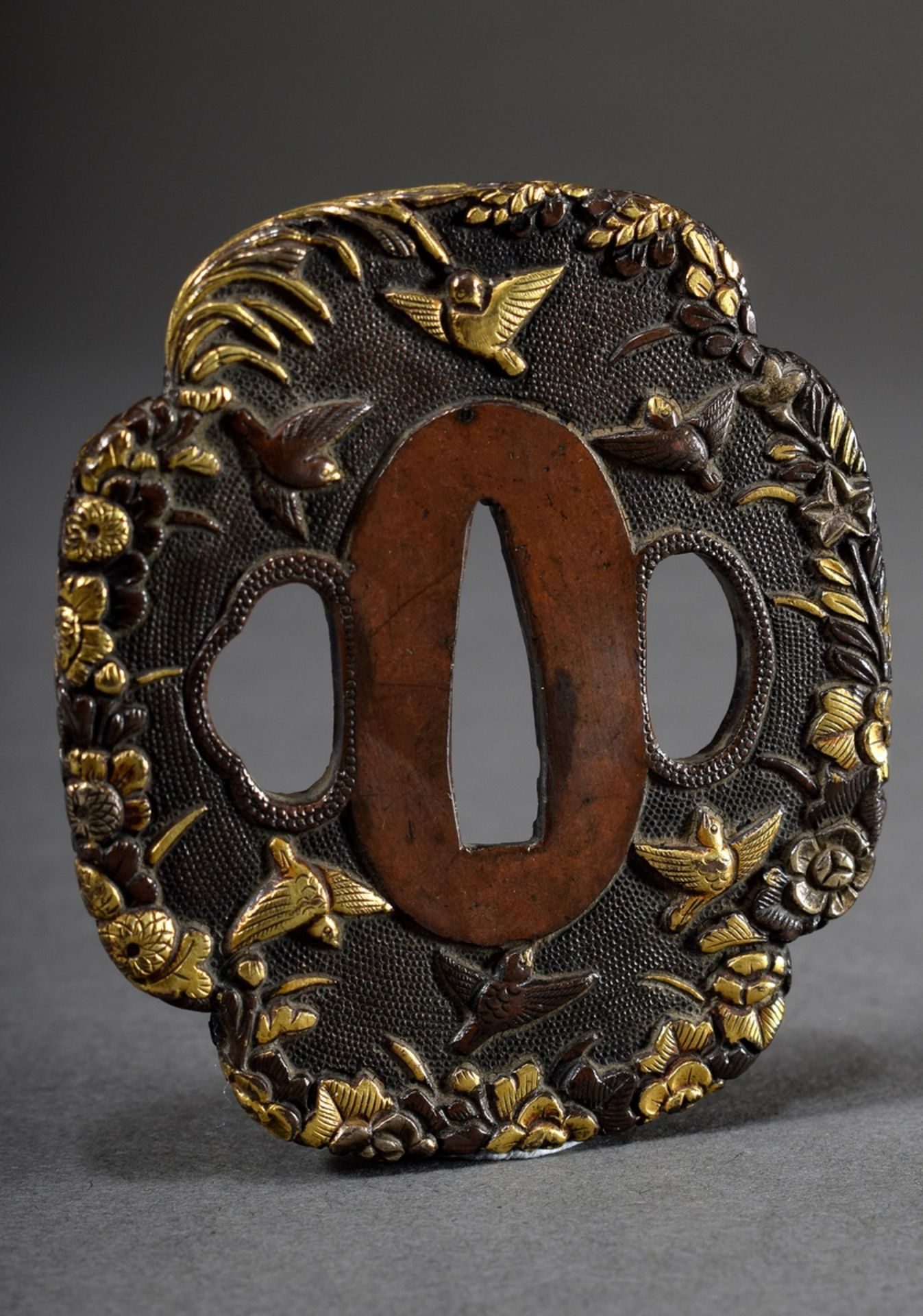 Bronze tsuba with gold inlays "birds and blossoms", Japan, 7x6cm, slight signs of age