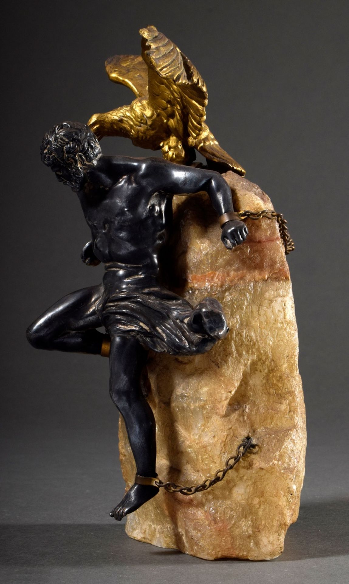 Historism sculpture "Bound Prometheus", galvanised metal on quartz, end of 19th c., h. 24cm, slight - Image 5 of 6