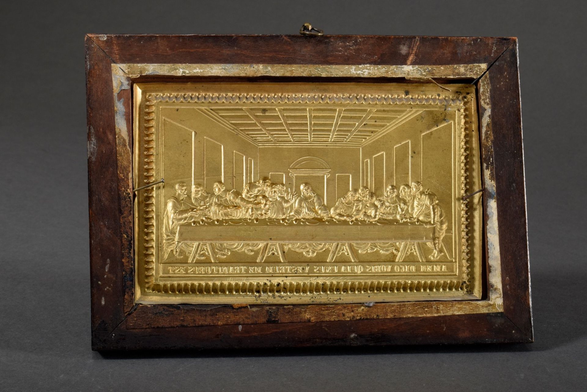 Metal relief "The Last Supper", blue/gilt, 19th century, framed, 11x18cm (w.f. 16x23cm) - Image 4 of 5