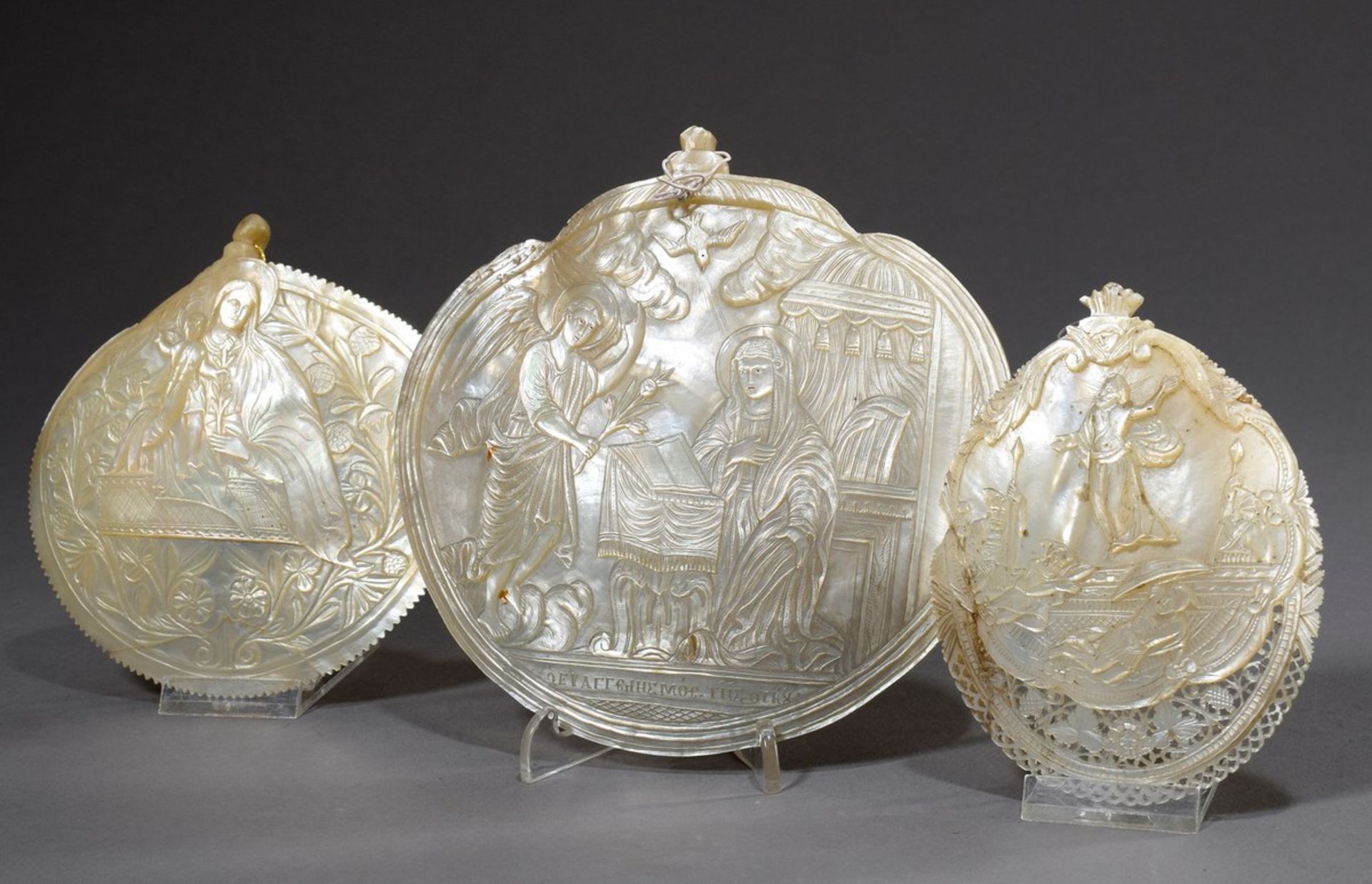 3 Various shell bowls with cut relief depictions of "Resurrection", "Mother of God with Child" and 