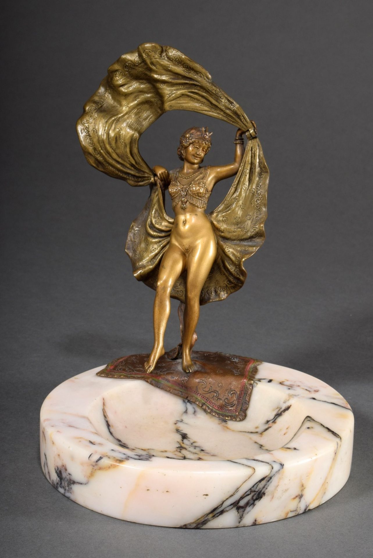 Marble business card tray with Viennese bronze figure "Erotic dancer with folding skirt", discreetl