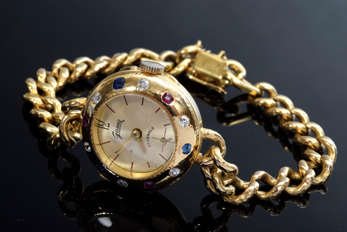 YG 585 ladies' wristwatch with synthetic rubies, sapphires and old-cut diamonds (together approx. 0