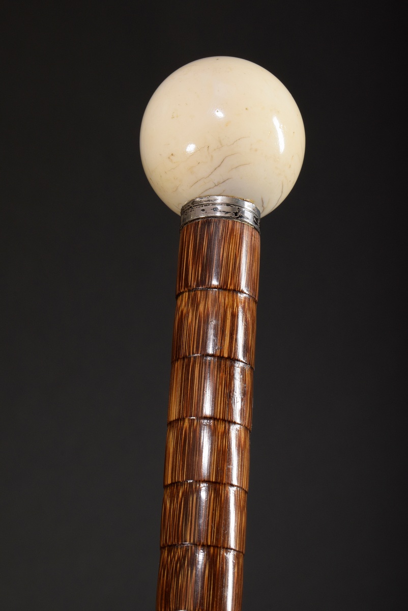 Functional stick with ivory ball knob and integrated compass, Austro-Hungarian silver cuff, bamboo