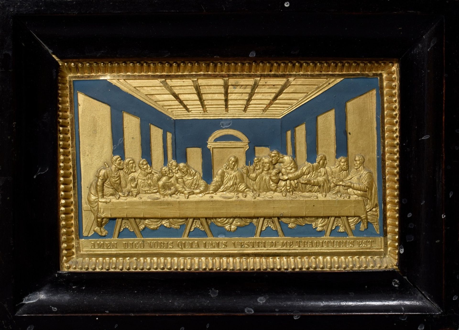 Metal relief "The Last Supper", blue/gilt, 19th century, framed, 11x18cm (w.f. 16x23cm)