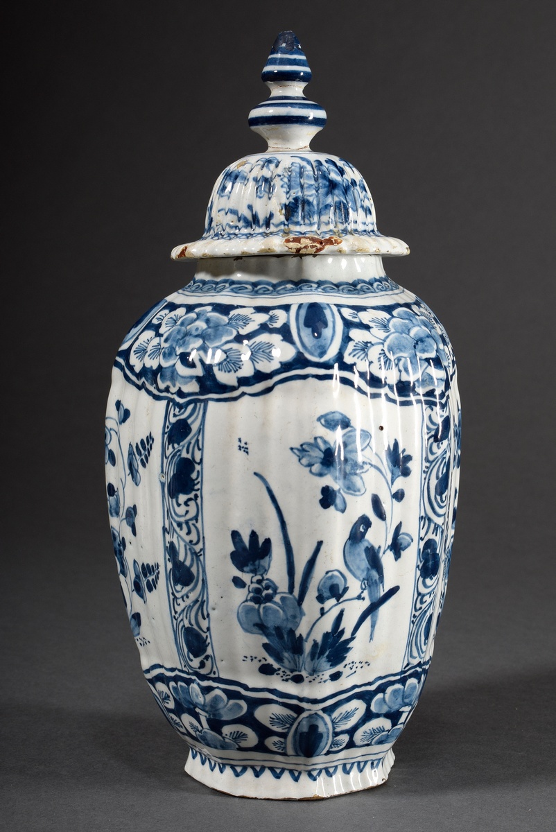 Small faience lidded vase with blue painting decor "Blossoms and Birds" in four cartouches on an oc - Image 2 of 7