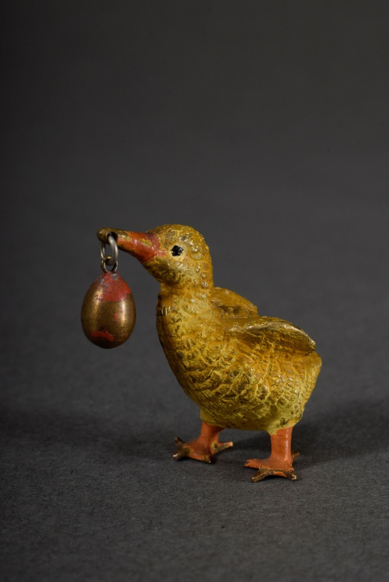 Viennese bronze "Chick with egg", colourfully painted, h. 3cm, slightly bumped and bent - Image 2 of 4