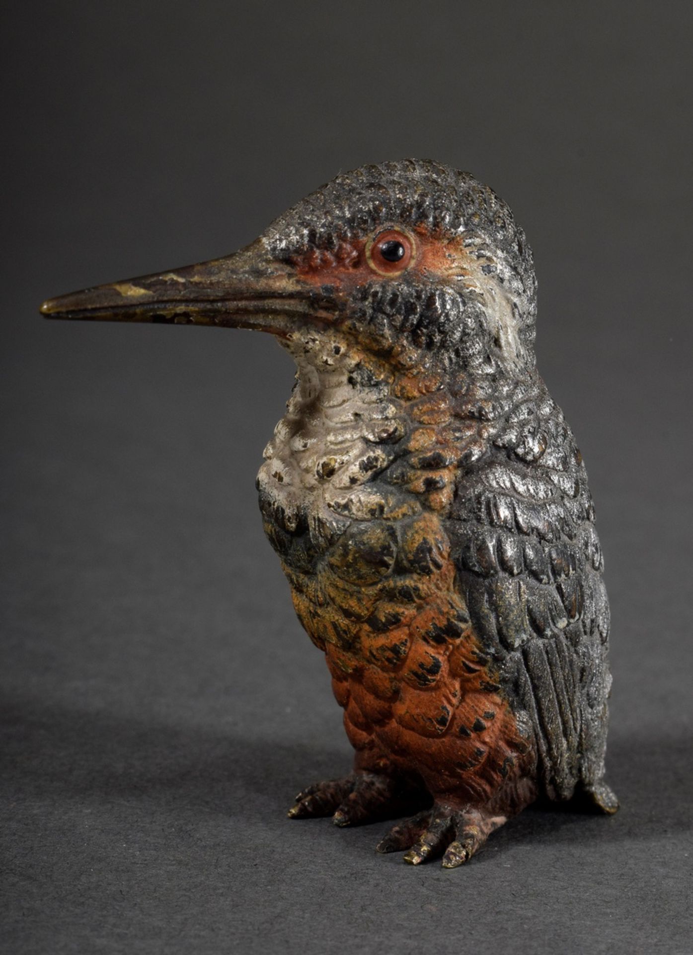 Viennese bronze "Squatting Kingfisher", colourfully painted, h. 6,5cm, slightly rubbed