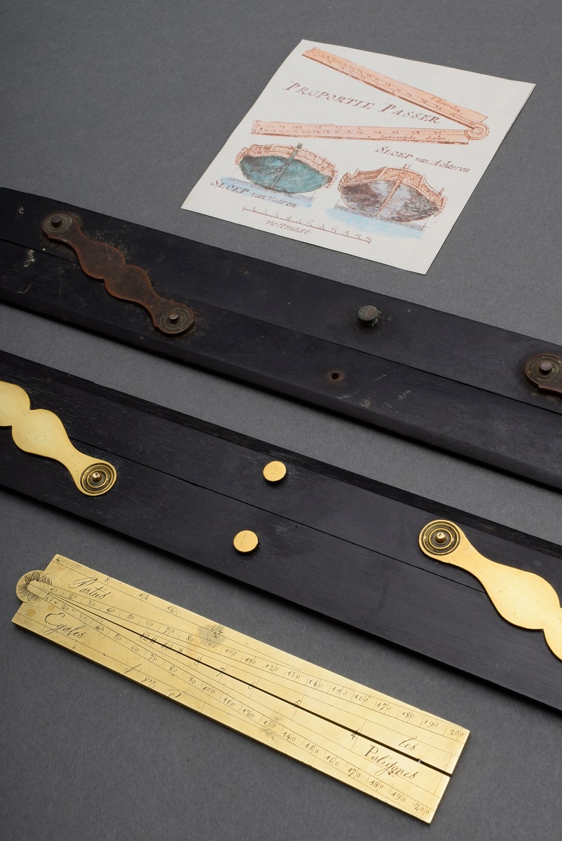 3 Various pieces of measuring tools: 2 parallel rulers, 19th c., precious wood/brass and proportion - Image 3 of 5