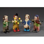 4 Diverse Schuco Tanzfiguren: "Jonglierender Clown", "Trommelnder Clown" und 2x "Clown mit Geige",