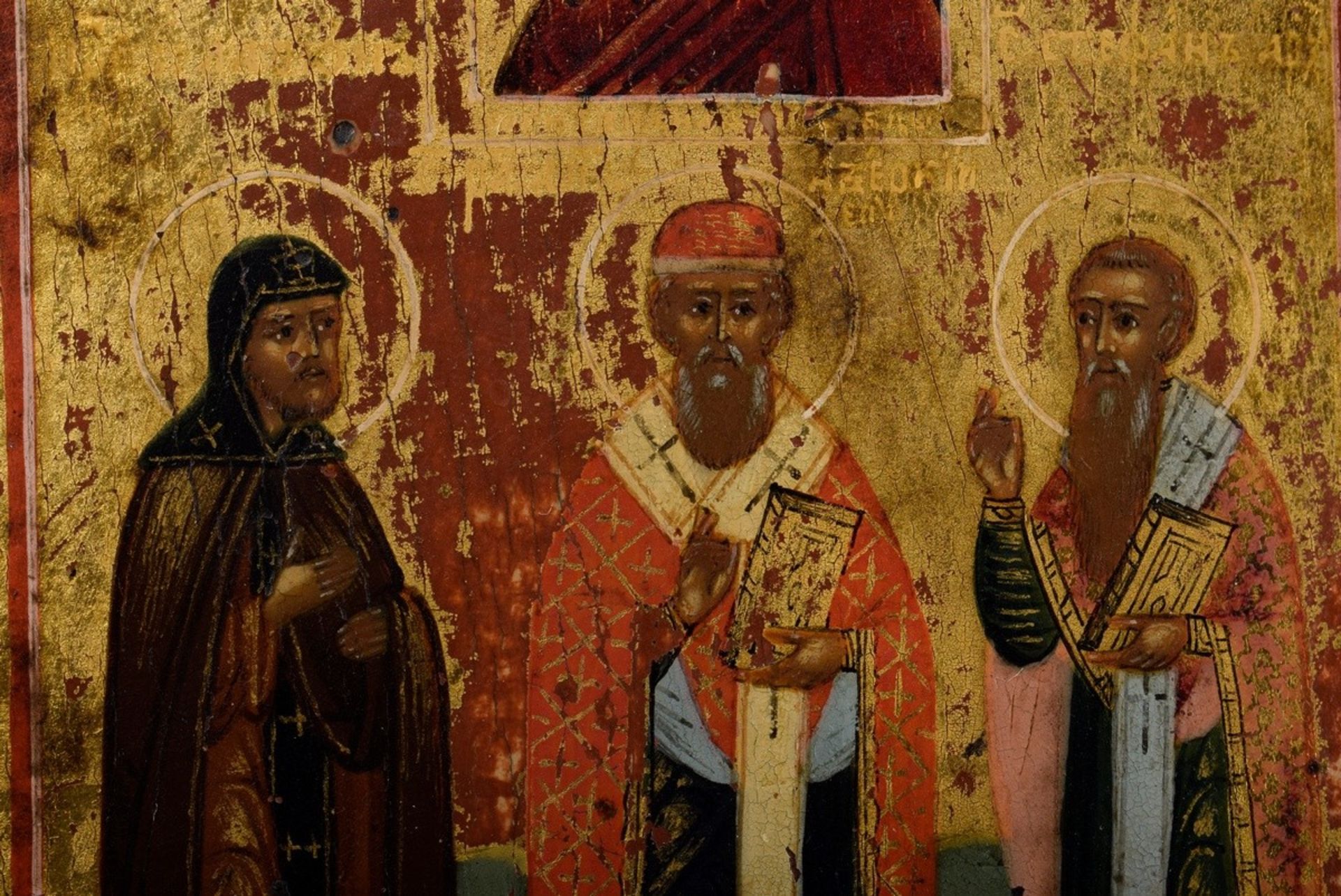 Small Russian icon "Three Saints and Portrait of Mary" on gold ground, 19th c., egg tempera/chalk g - Image 2 of 7