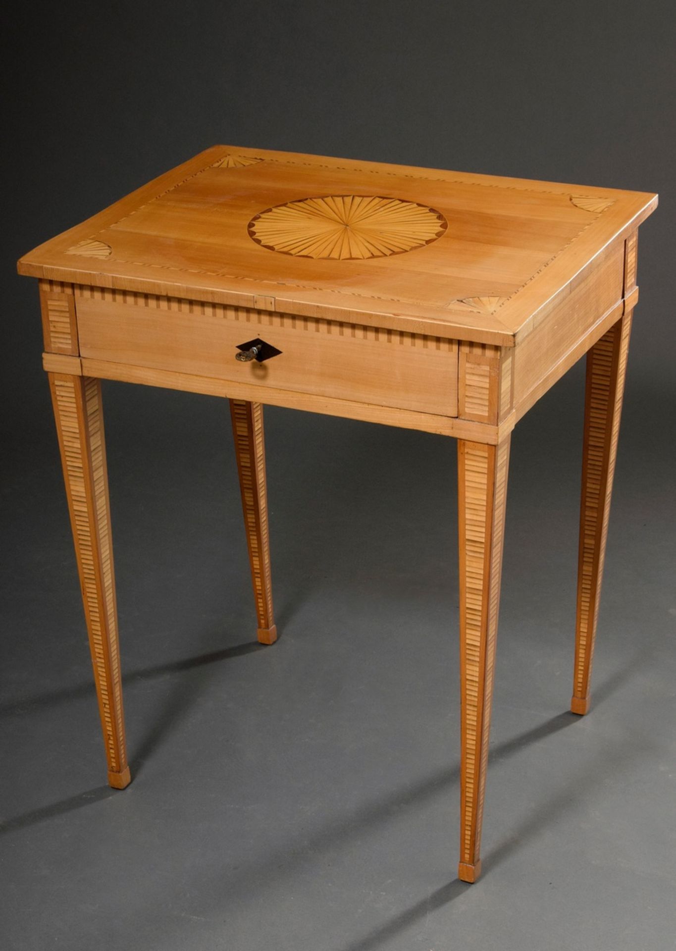 Side table with inlays, fruitwoods, around 1800, 77x65x53cm, strongly paled - Image 2 of 9