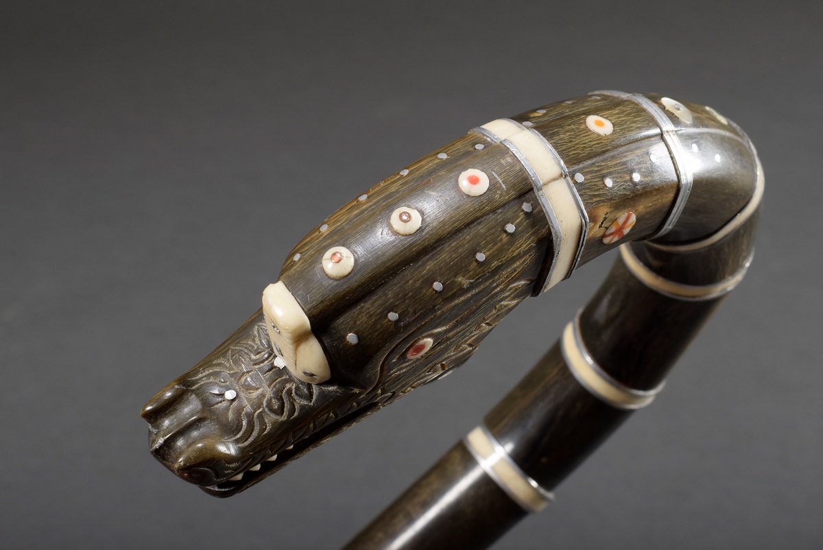 Southeast Asian walking stick with carved "dragon head", horn with bone and aluminium discs, 20th c - Image 7 of 8